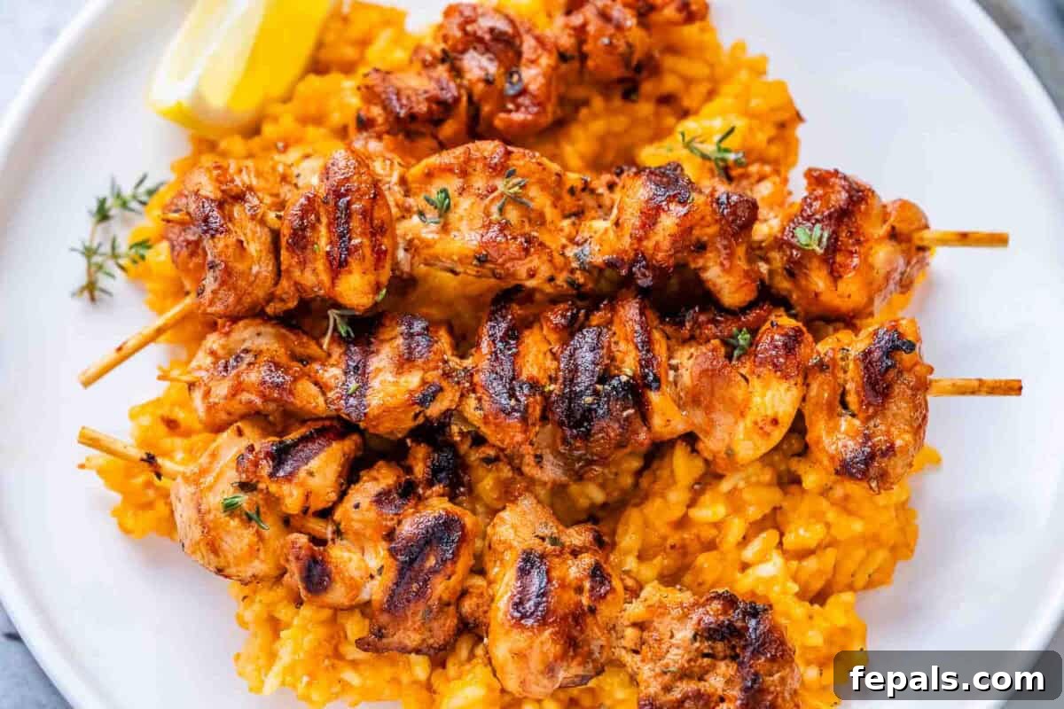 marinated grilled chicken skewers served over a plate of rice.