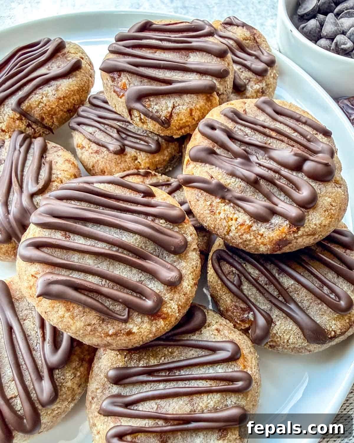 A beautiful stack of 2-ingredient date cookies drizzled with dark chocolate on a ceramic plate.
