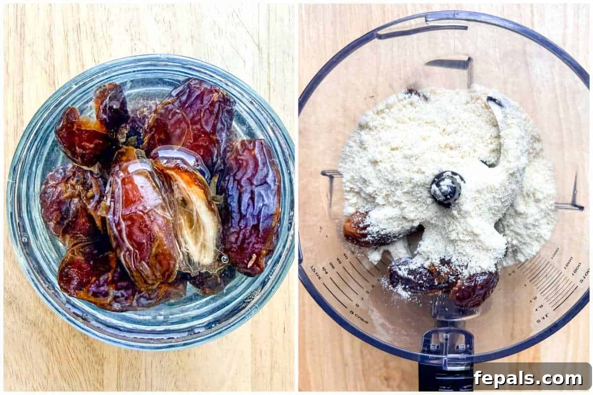 A collage showing the process: soaking dates and blending them with almond flour in a food processor.