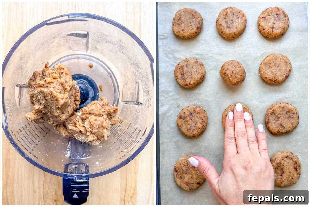 A collage showing the cookie dough being rolled into balls and flattened on a parchment-lined baking sheet.