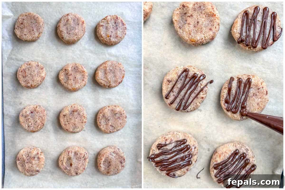A collage showing the baked date cookies on the pan and then being drizzled with melted chocolate.