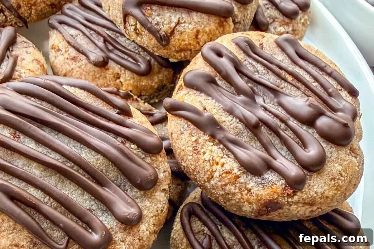 A close-up shot of perfectly baked date cookies drizzled with chocolate, ready to eat.