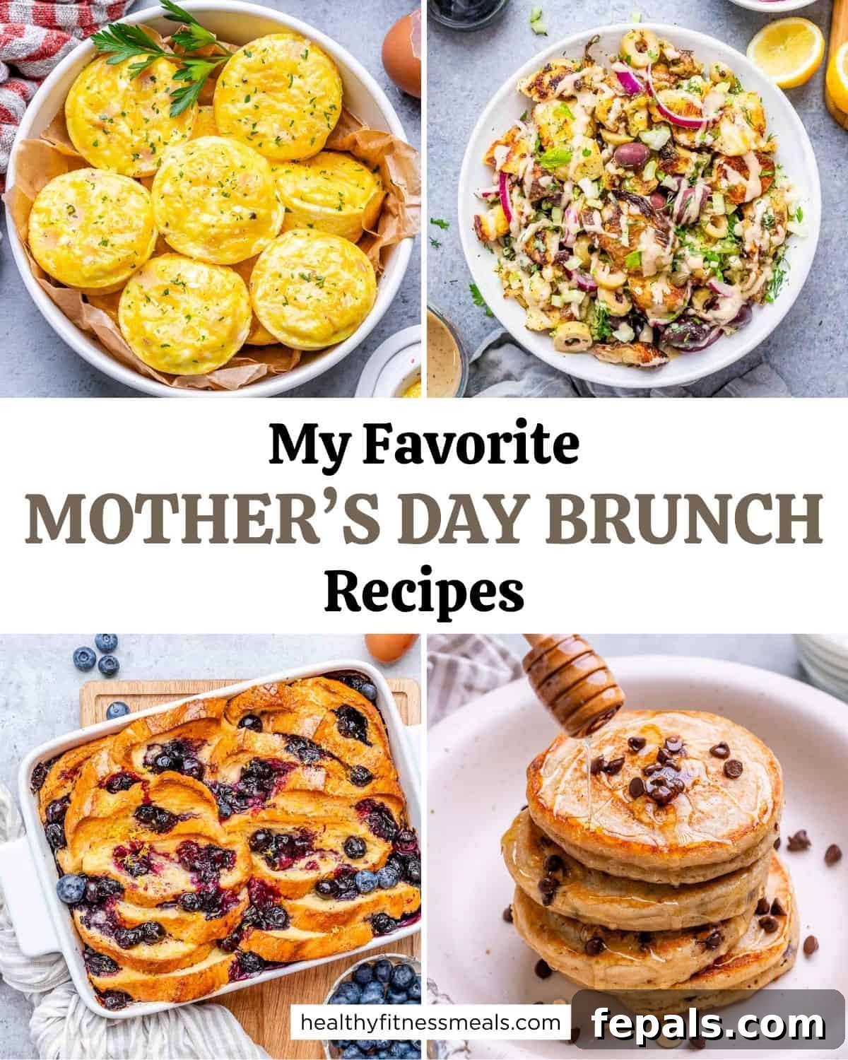 A Pinterest-style collage of Mother's Day brunch ideas, featuring waffles, fruit, and baked goods.