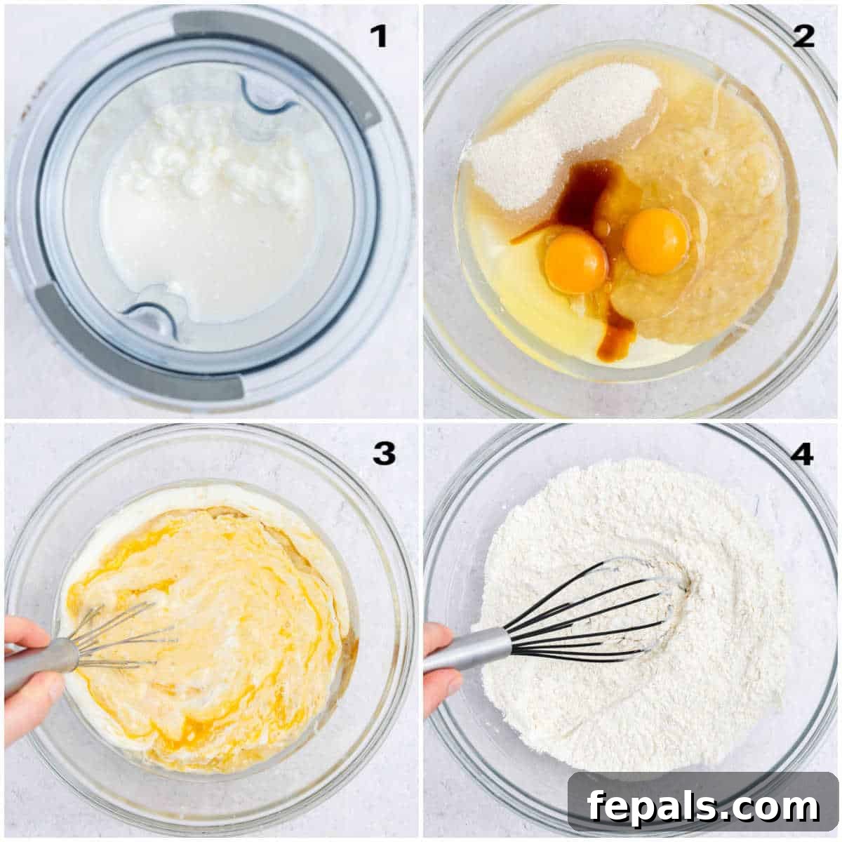 collage for making cottage cheese muffins batter.