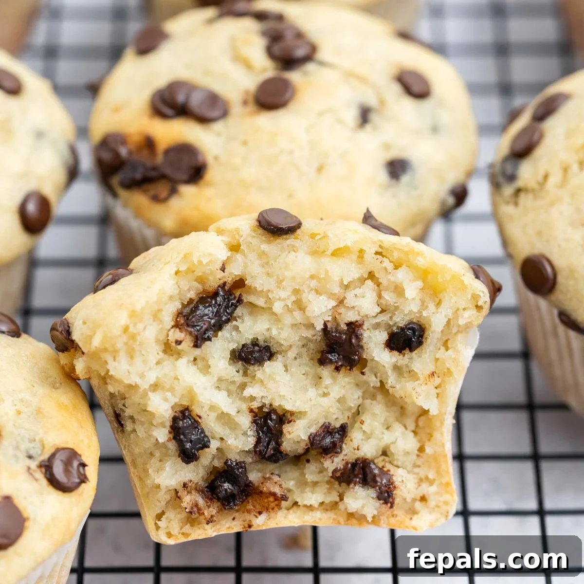 cottage cheese banana muffin sliced in half with melted chocolate morsels. inside.