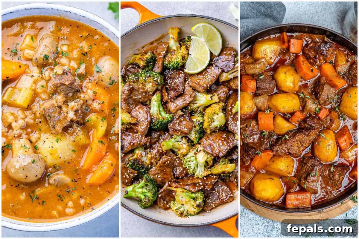 15-Minute Beef Dinners for Busy Weeknights 2 collage for 3 beef recipes.
