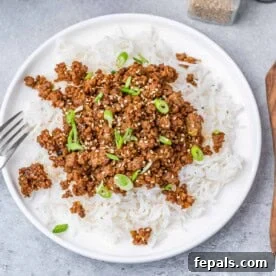 15-Minute Beef Dinners for Busy Weeknights 4 A round plate with white rice topped with sauteed ground beef and sliced green onions.