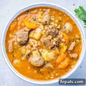 15-Minute Beef Dinners for Busy Weeknights 9 top view beef barley soup in a white bowll