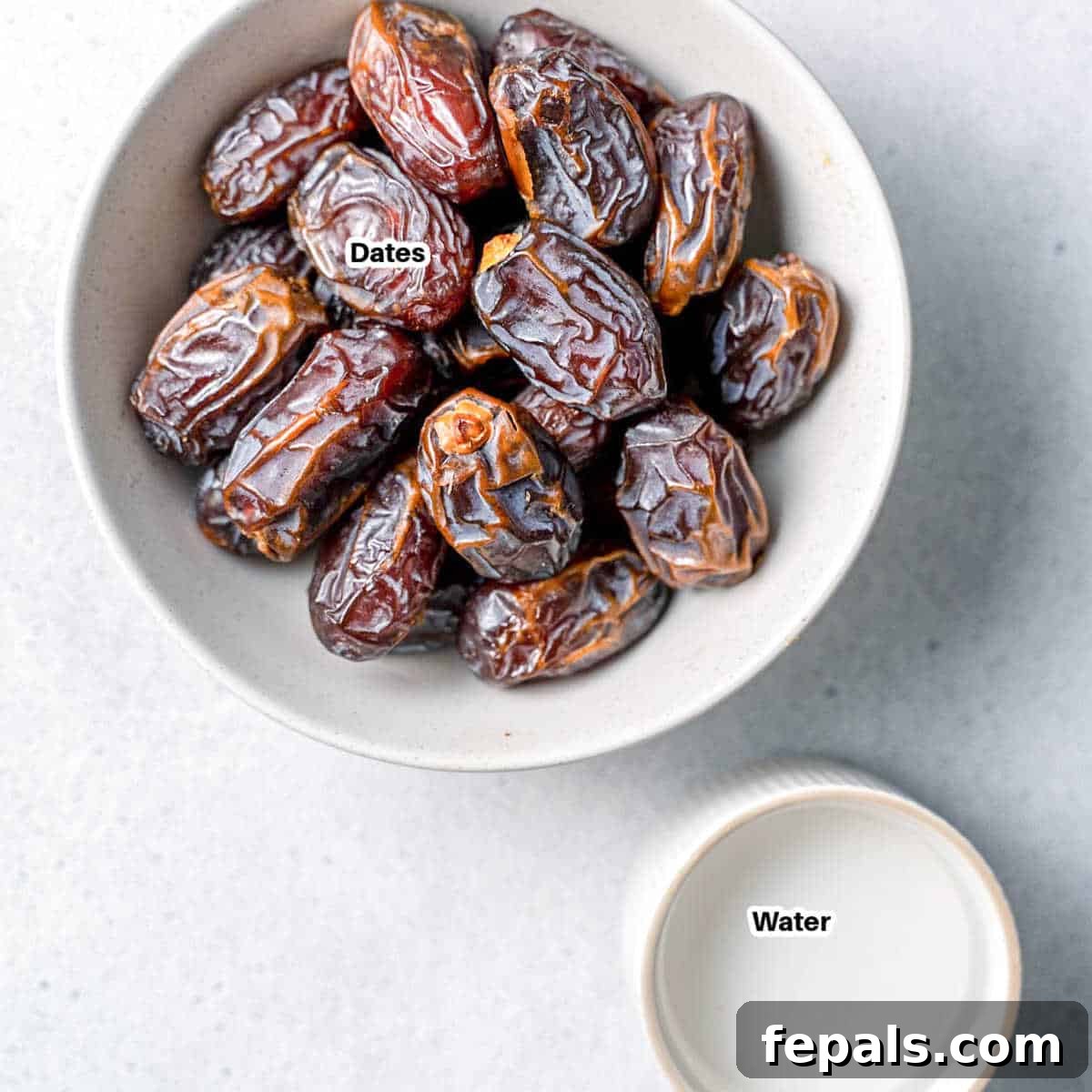 Ingredients for date paste: a bowl of pitted Medjool dates and a small bowl of water on a neutral background.