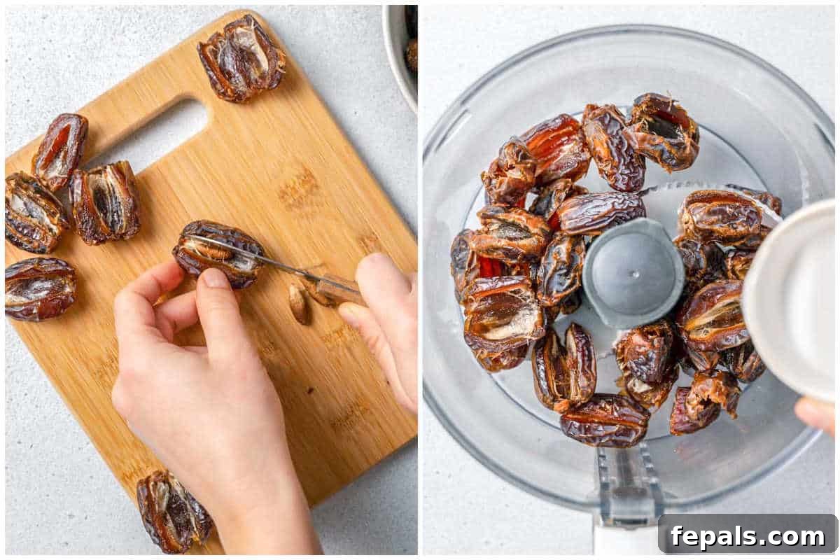 A step-by-step image showing pits being removed from dates and the dates being placed in a food processor.