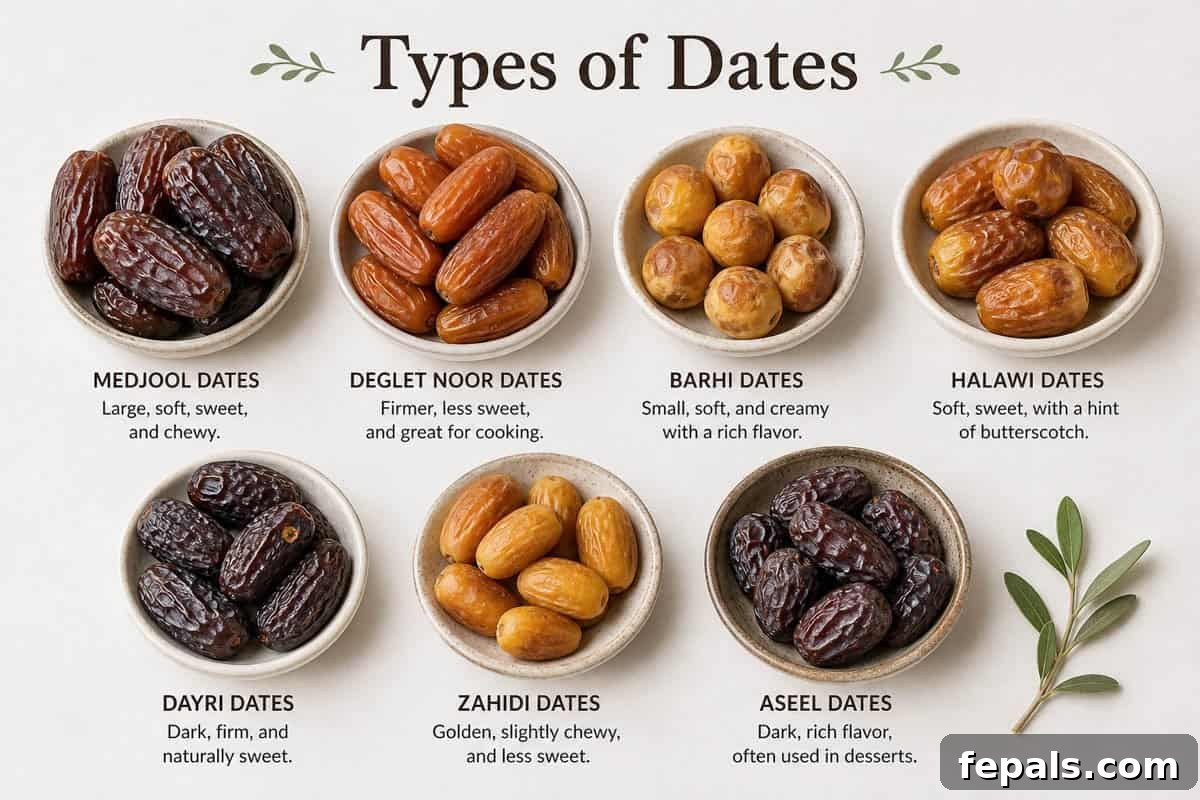 An assortment of different types of dates, showcasing their various shapes, sizes, and colors.