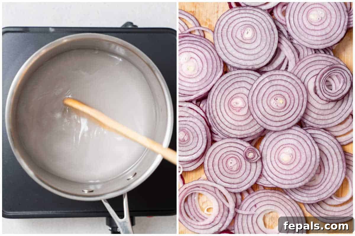 Quick Pickled Red Onions You’ll Prefer Over Store-Bought 4 process shot to make the brine and slicing the red onions.