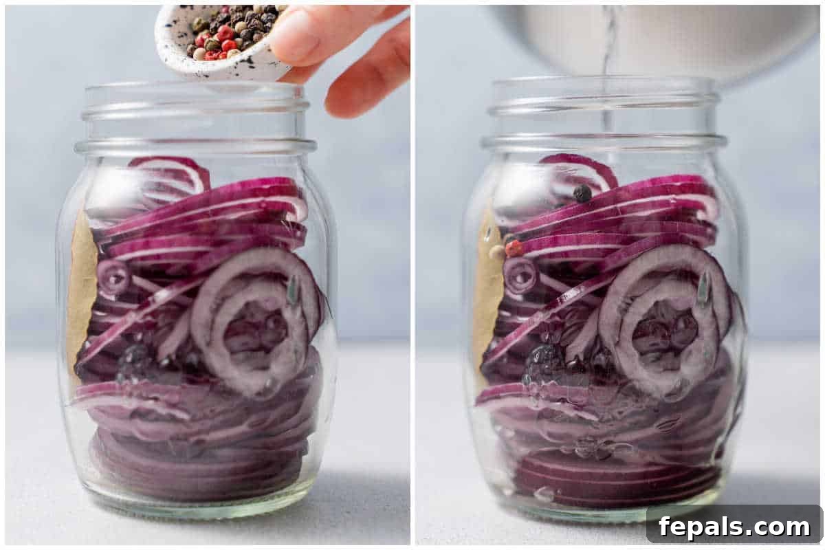 Quick Pickled Red Onions You’ll Prefer Over Store-Bought 5 process shot of adding the onion, brine, and peppercorns in the jar.