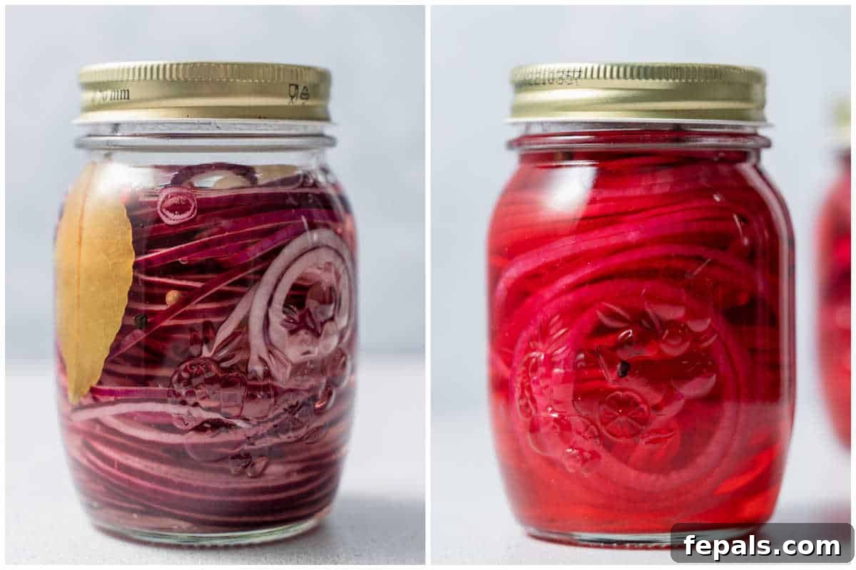 Quick Pickled Red Onions You’ll Prefer Over Store-Bought 6 process shot of pickling the onions in a jar, then storing it.