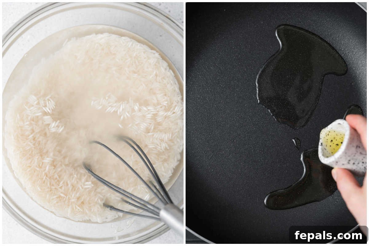 Classic Lebanese Vermicelli Rice 4 A two-panel image showing rice soaking in a bowl and oil being added to a saucepan.