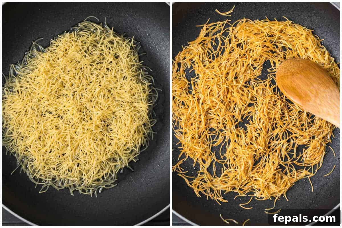 Classic Lebanese Vermicelli Rice 5 A two-panel image showing uncooked vermicelli in a pan and then the vermicelli toasted to a golden brown.