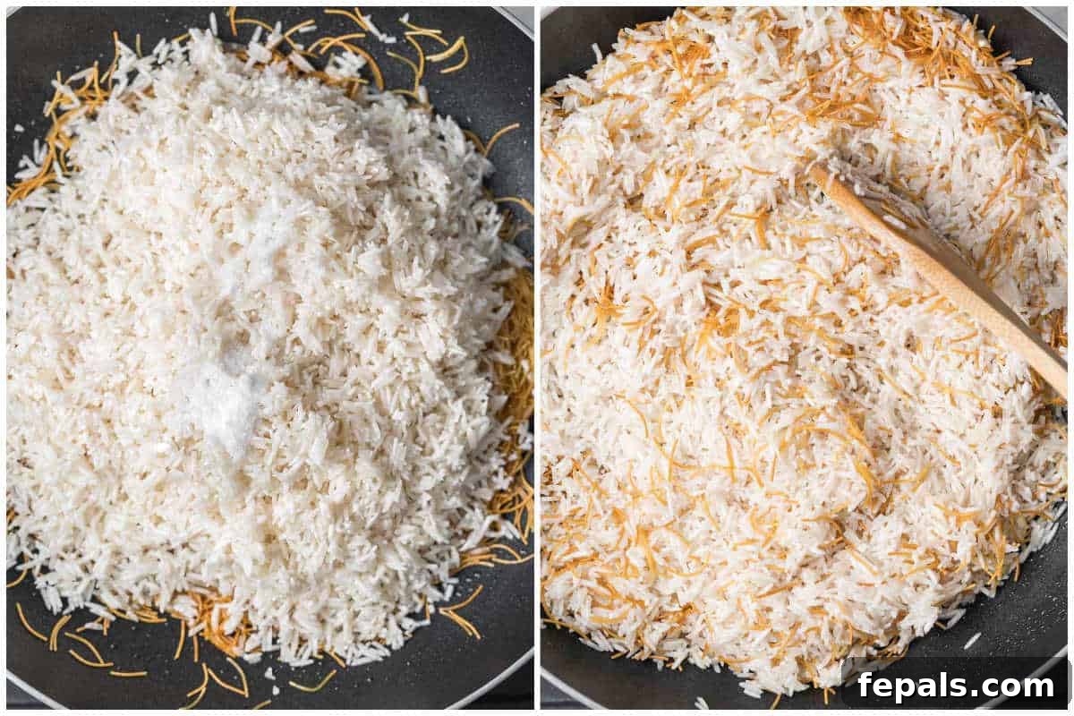 Classic Lebanese Vermicelli Rice 6 A two-panel image showing the rinsed rice and salt being added to the toasted vermicelli in the pan.