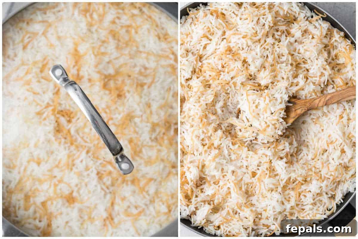 Classic Lebanese Vermicelli Rice 7 A two-panel image showing the cooked rice being fluffed with a fork and the final dish in a serving bowl.