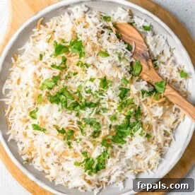 Classic Lebanese Vermicelli Rice 9 A bowl of Lebanese rice topped with fresh parsley, ready to be served.