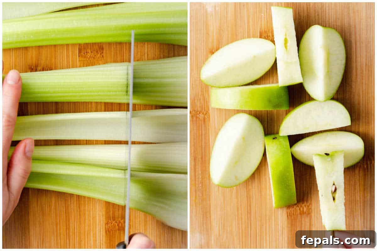 Chopped celery and green apple ready to be put into a juicer.
