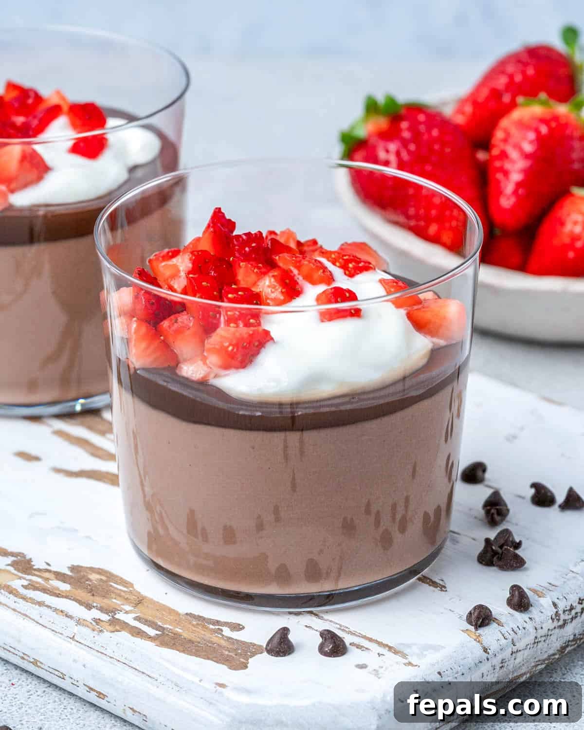 A glass cup of cottage cheese chocolate pudding topped with a layer of melted chocolate, whipped cream, and freshly chopped strawberries.