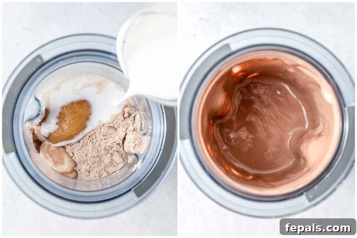 All the ingredients for the cottage cheese chocolate pudding being added into a blender canister.