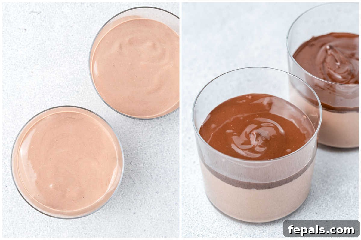 Pouring the blended chocolate pudding into two glass jars, then topping with a layer of melted dark chocolate.