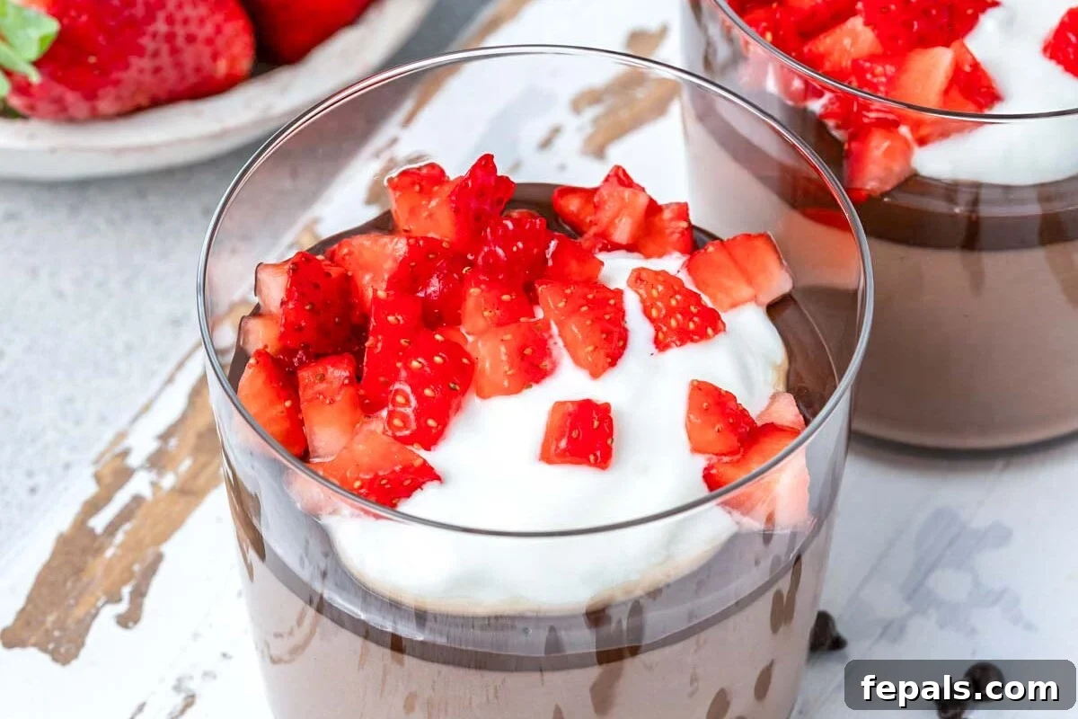 A side view of the cottage cheese chocolate pudding in a glass, showing its creamy texture, topped with whipped cream and a strawberry slice.