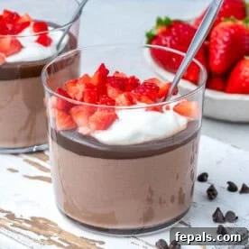 A glass of creamy cottage cheese chocolate pudding, topped with plain yogurt and freshly sliced strawberries for a healthy dessert.