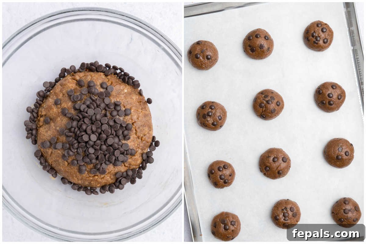 process shot to add chocolate chips to cookie dough and placing them in a sheet pan to be baked.