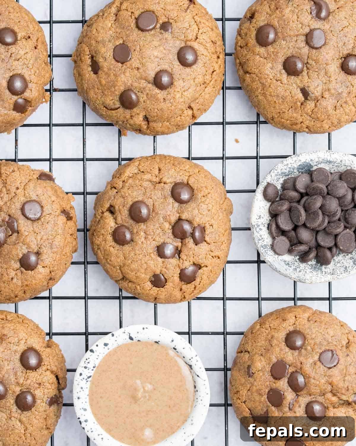 Almond butter cookies on a wire rack with chocolate chips and almond butter.