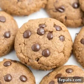 chocolate chip cookies made with almond butter on a flat surface.