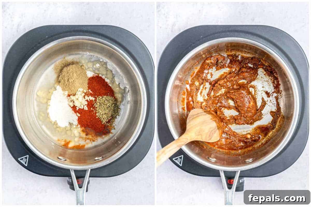 Cooking the seasonings in a saucepan and mixing.