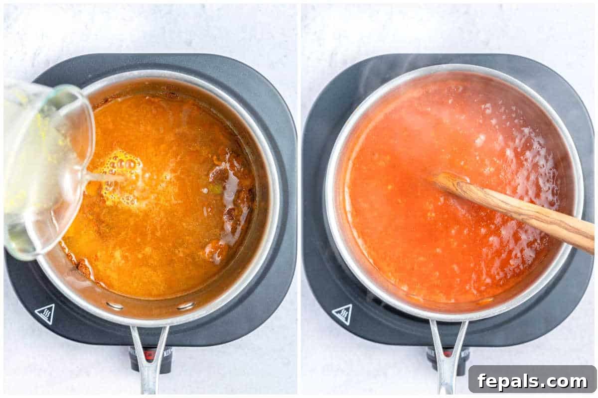 Adding broth to the sauce in the pan to make the enchilada sauce and mixing.