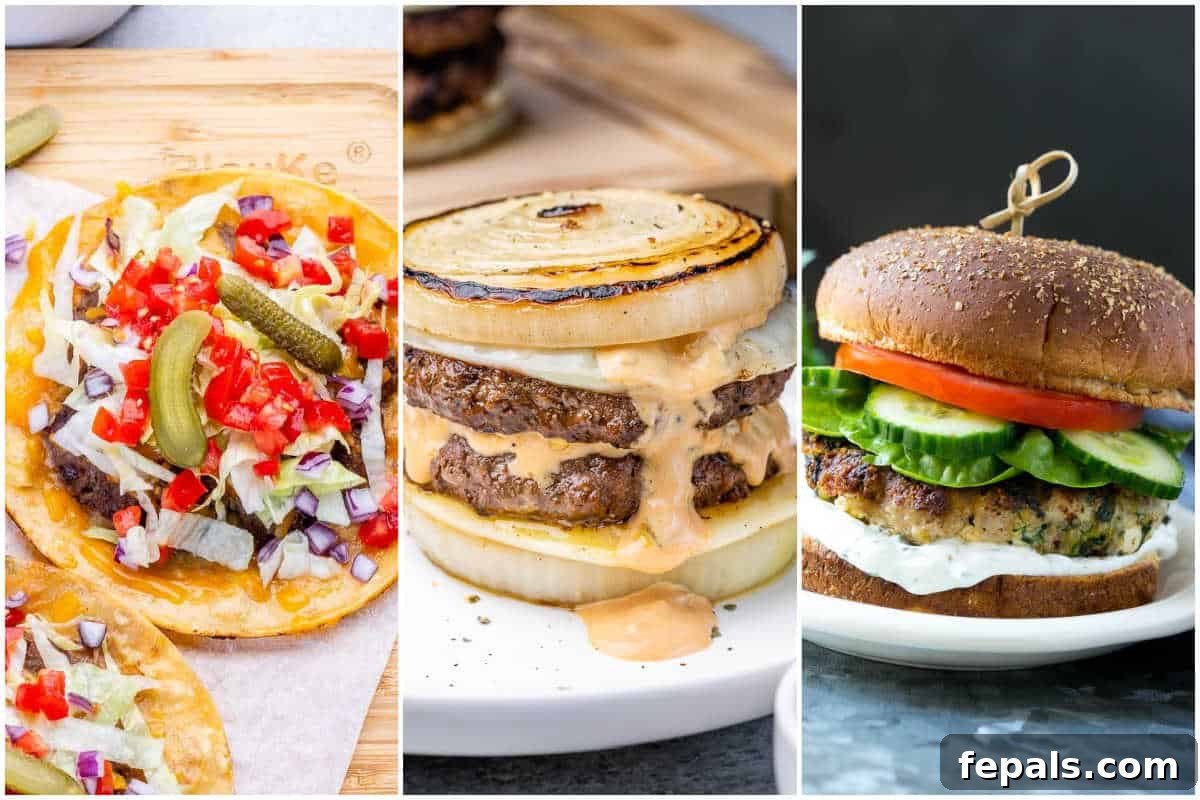 collage of 3 images for burgers.
