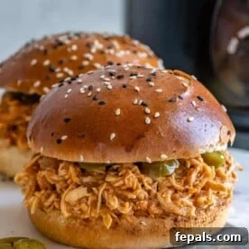 pulled chicken burger on a plate.