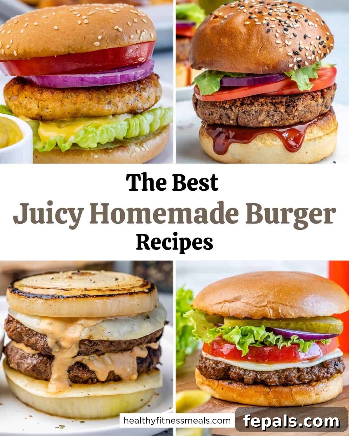 collage for 4 homemade burgers for burger roundup.