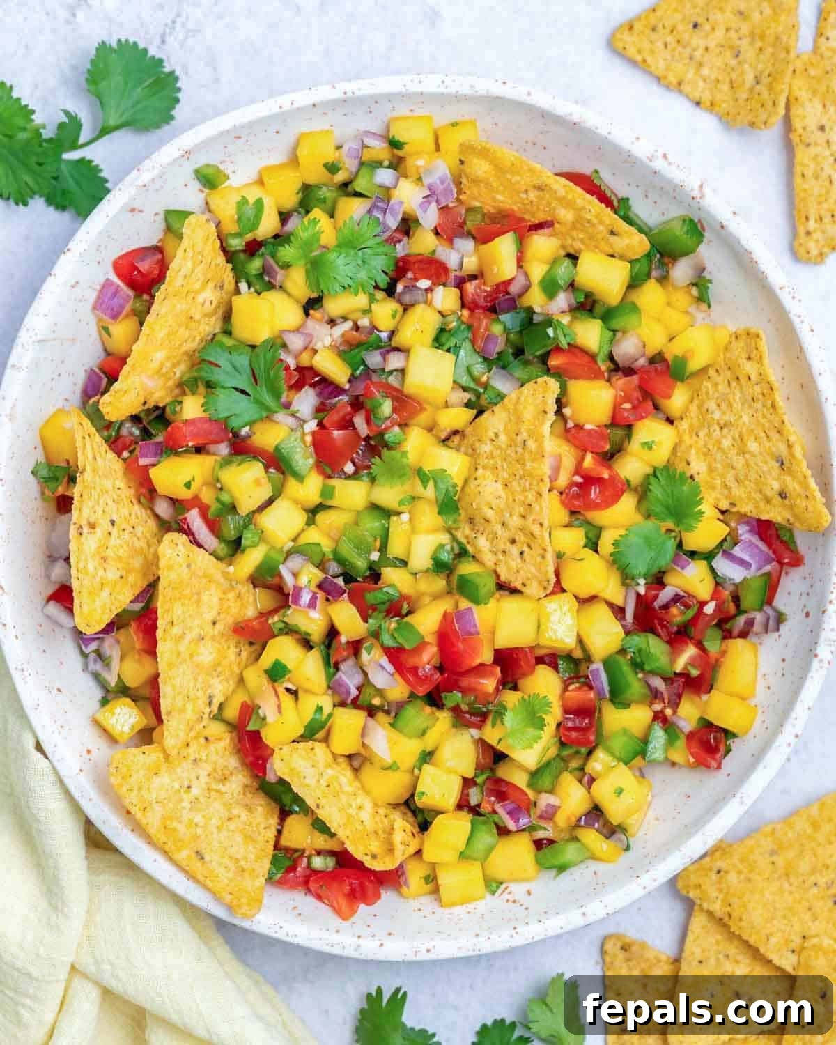 a bowl of mango pico de gallo with tortilla chips in it.