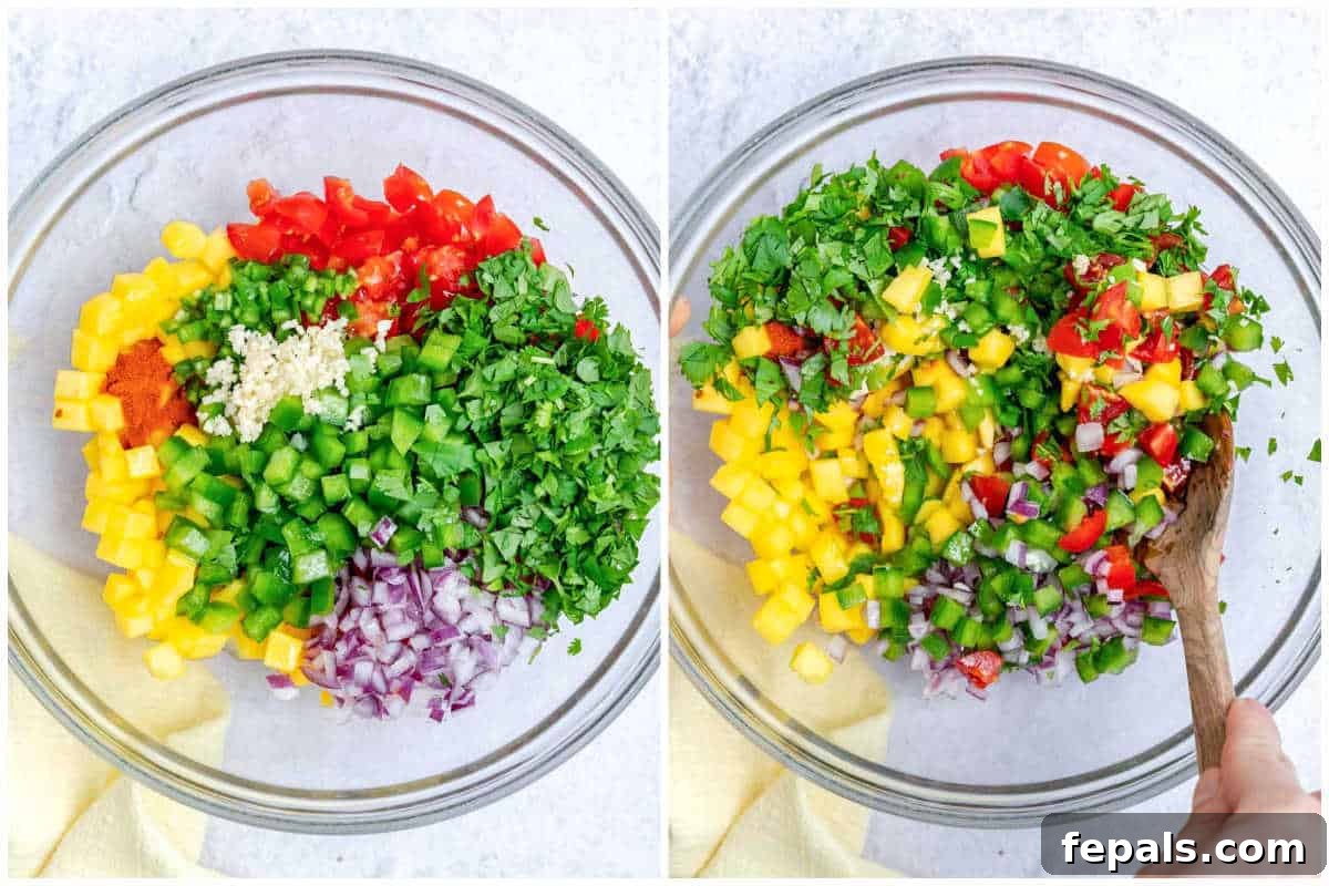 ingredients for mango pico de gallo added to a bowl.