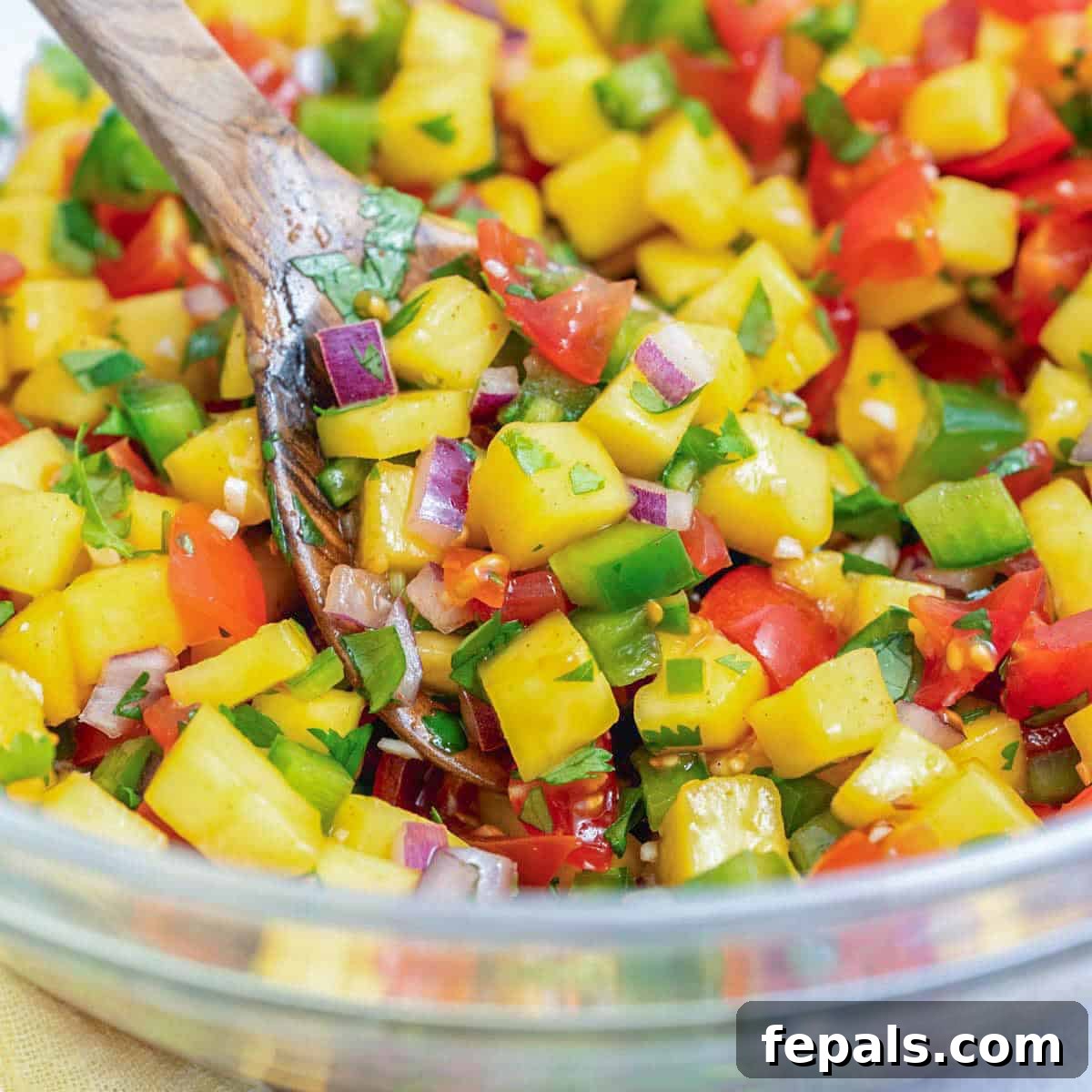 a bowl with mango pico de gallo and a spoon in the bowl.