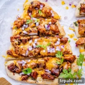 Quick BBQ Chicken Flatbread Recipe for Weeknight Dinner 10 bbq chicken flatbread cut into serving size strips.