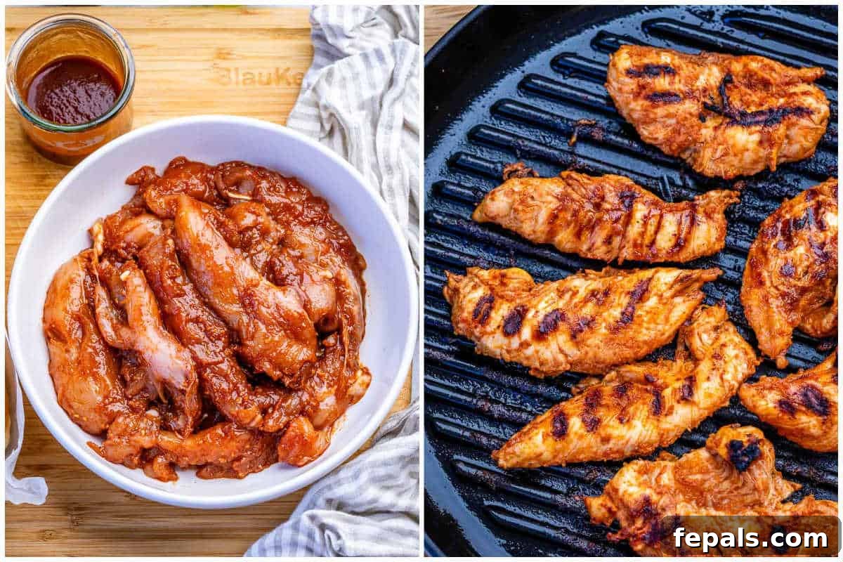 process shot to marinate the chicken tenders and cooking on a grill pan.