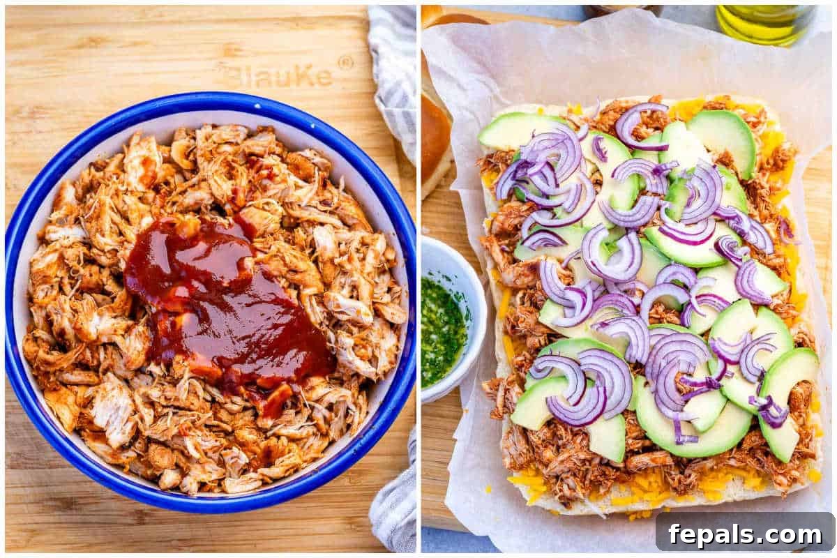 process shot to season the shredded chicken with bbq sauce and assembling the layers.