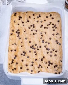 Soft Chewy Chocolate Chip Cookie Bars Recipe 14 cookie dough added to a baking dish.