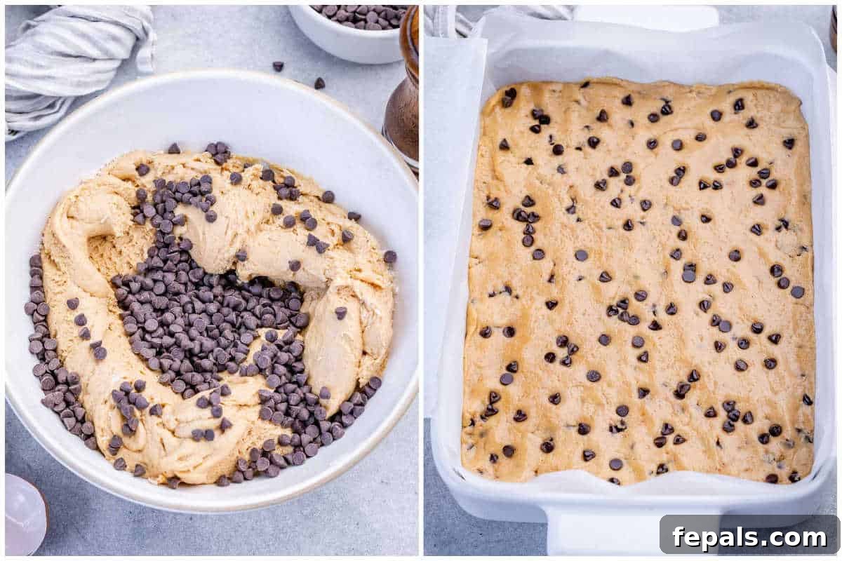 Soft Chewy Chocolate Chip Cookie Bars Recipe 6 process shot to adding the chocolate chips to the dough and then placing in a dish to bake.