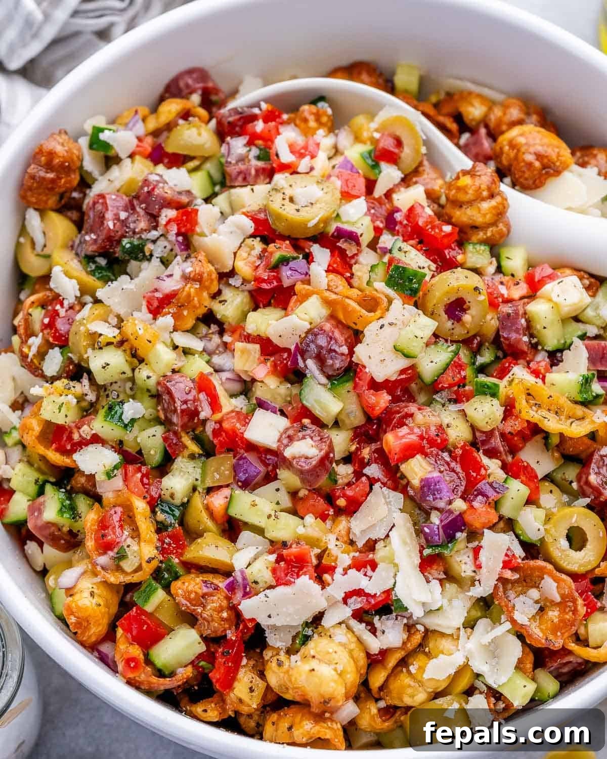 Crispy Air Fryer Pasta Salad with Zesty Herbs 2 a bowl with crispy pasta salad.