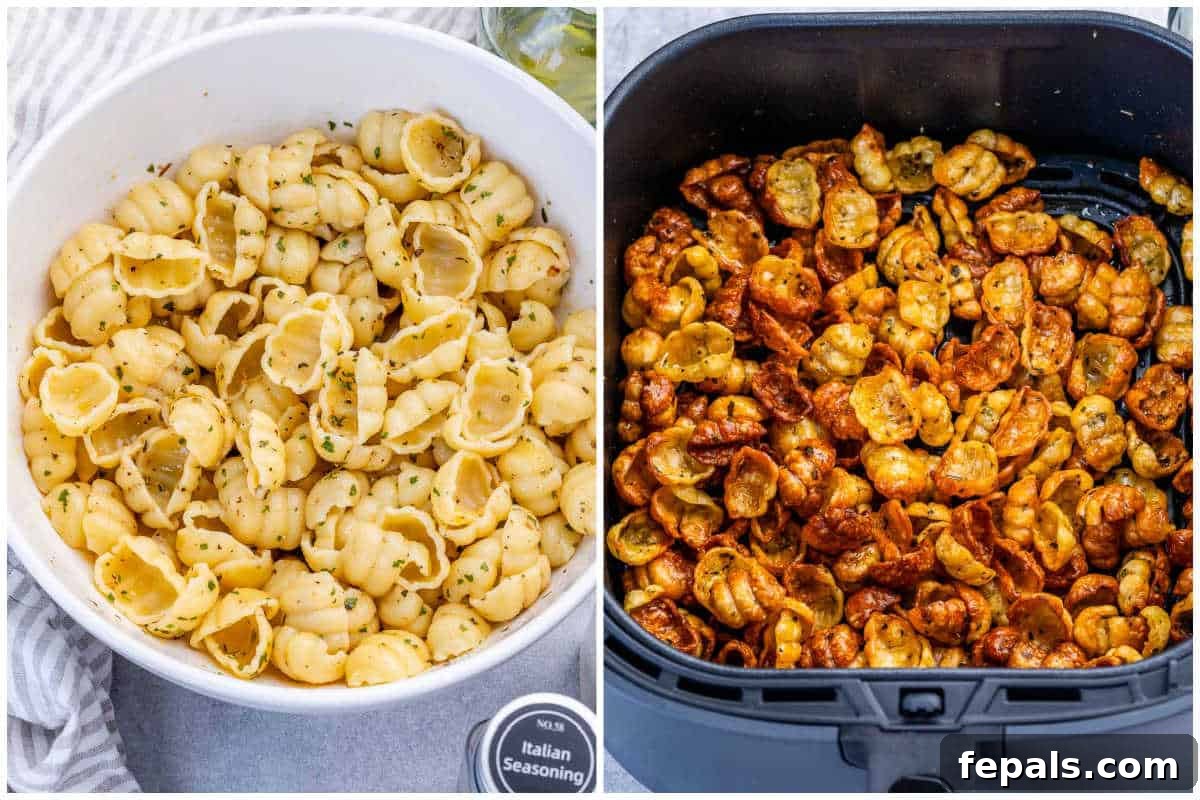 Crispy Air Fryer Pasta Salad with Zesty Herbs 4 process shot to season the pasta in a bowl and air frying it.