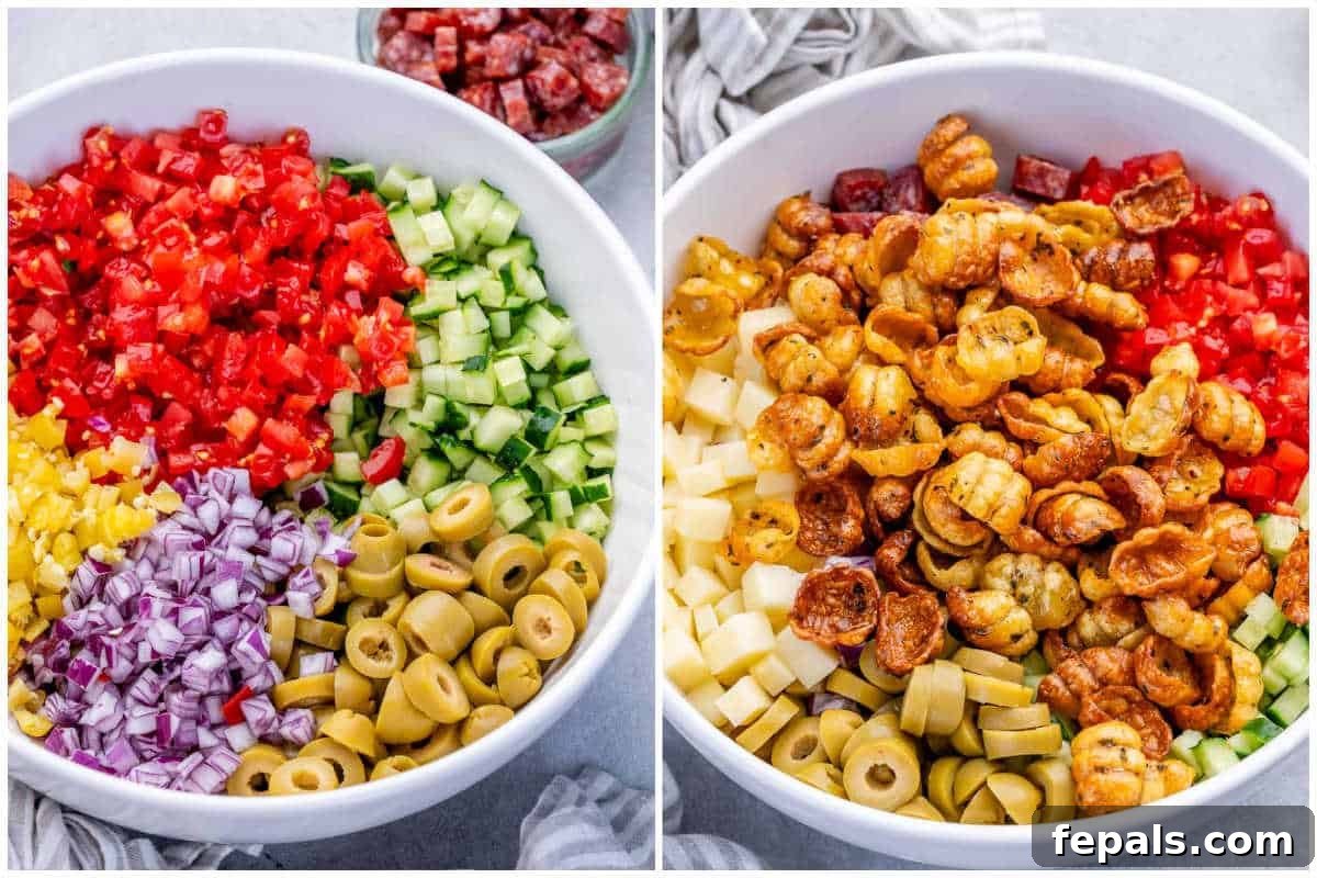 Crispy Air Fryer Pasta Salad with Zesty Herbs 5 process shot to add the veggies in a bowl and then topping with air fried pasta.