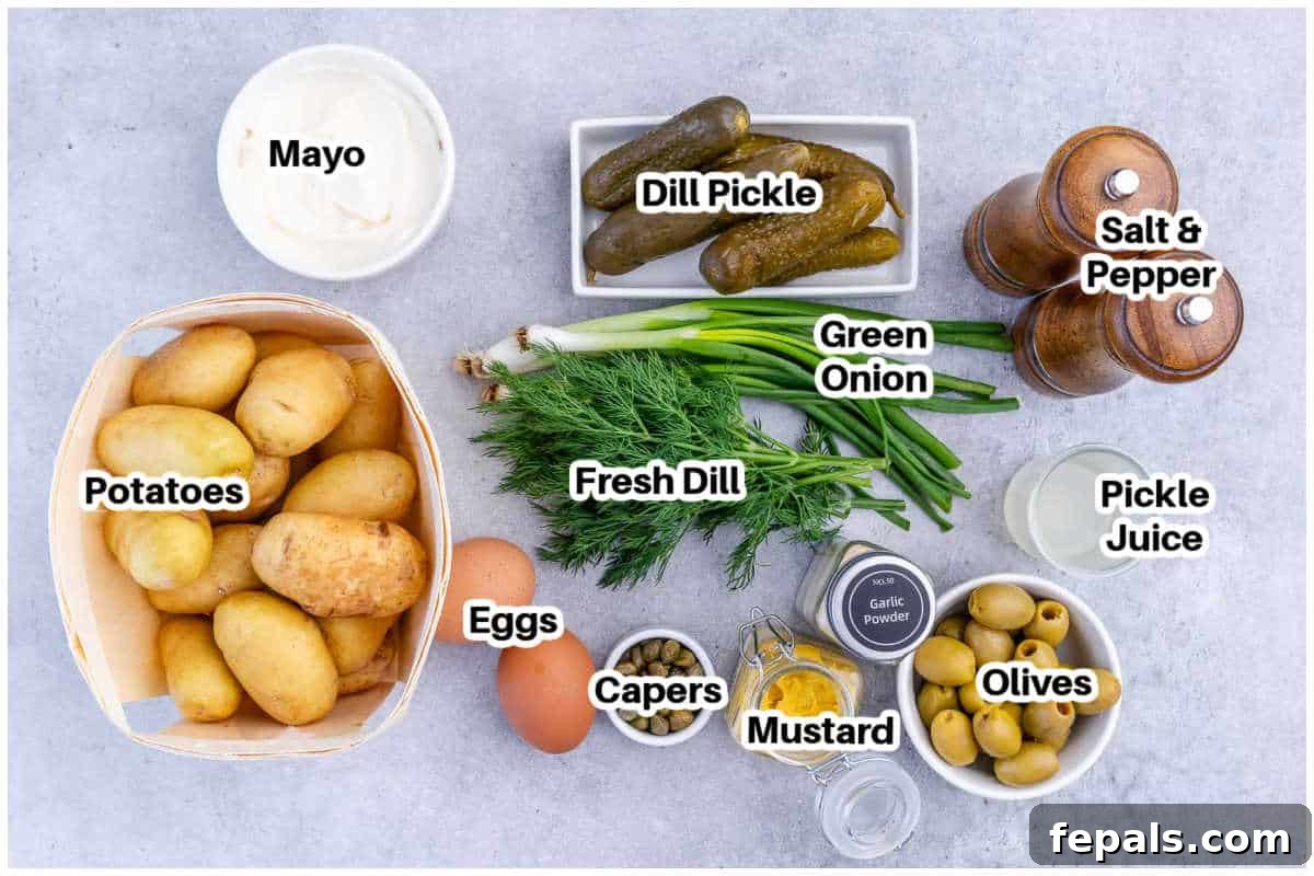 ingredients for dill pickle potato salad.