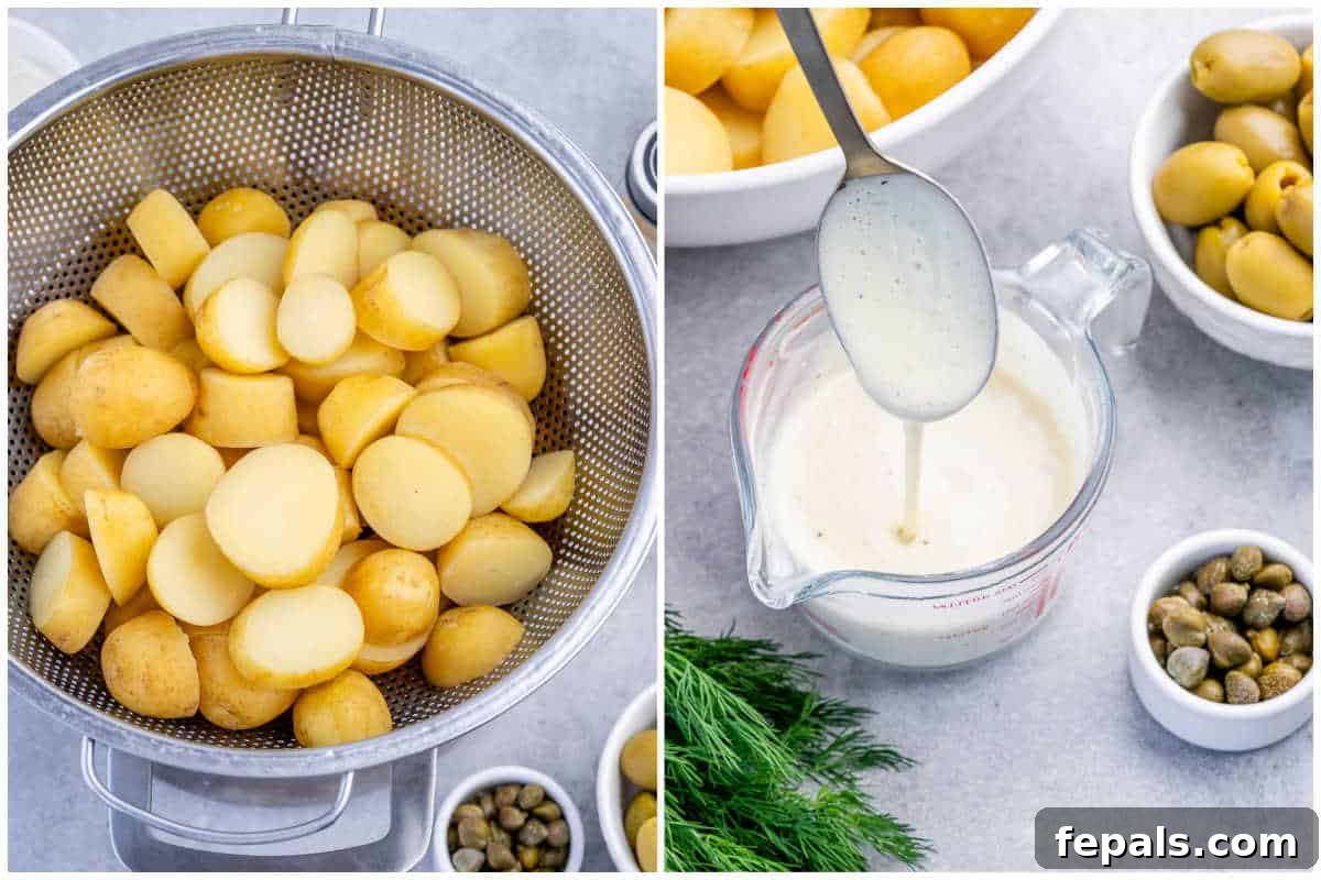process shot to cook the potatoes and make the dressing for the potatoes.